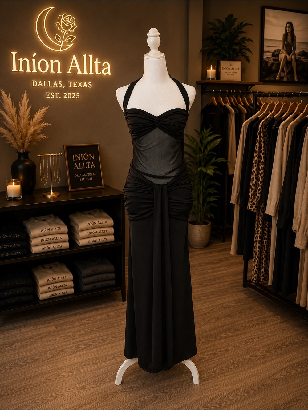 Black Halter Maxi Dress with Sheer Midsection